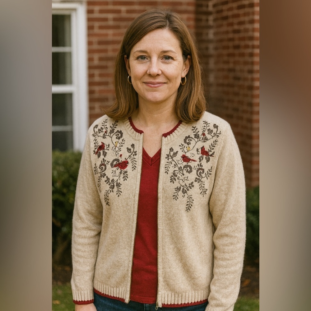 Croft & Barrow women’s medium embroidered sweater cottagecore cardinal red bird